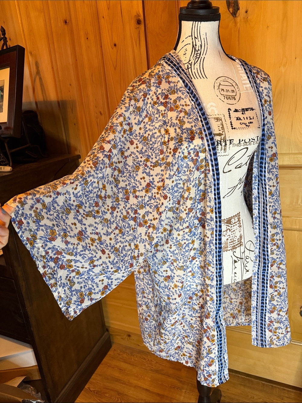 Japna Blue and White Floral Kimono Cape with Navy Trim - Picture 5 of 6